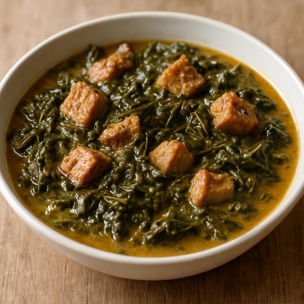 Entree: Micronesia – National Cuisine – Taro Leaf Stew (Stewed taro leaves braised with coconut milk and pork in a rich savory sauce) recipe