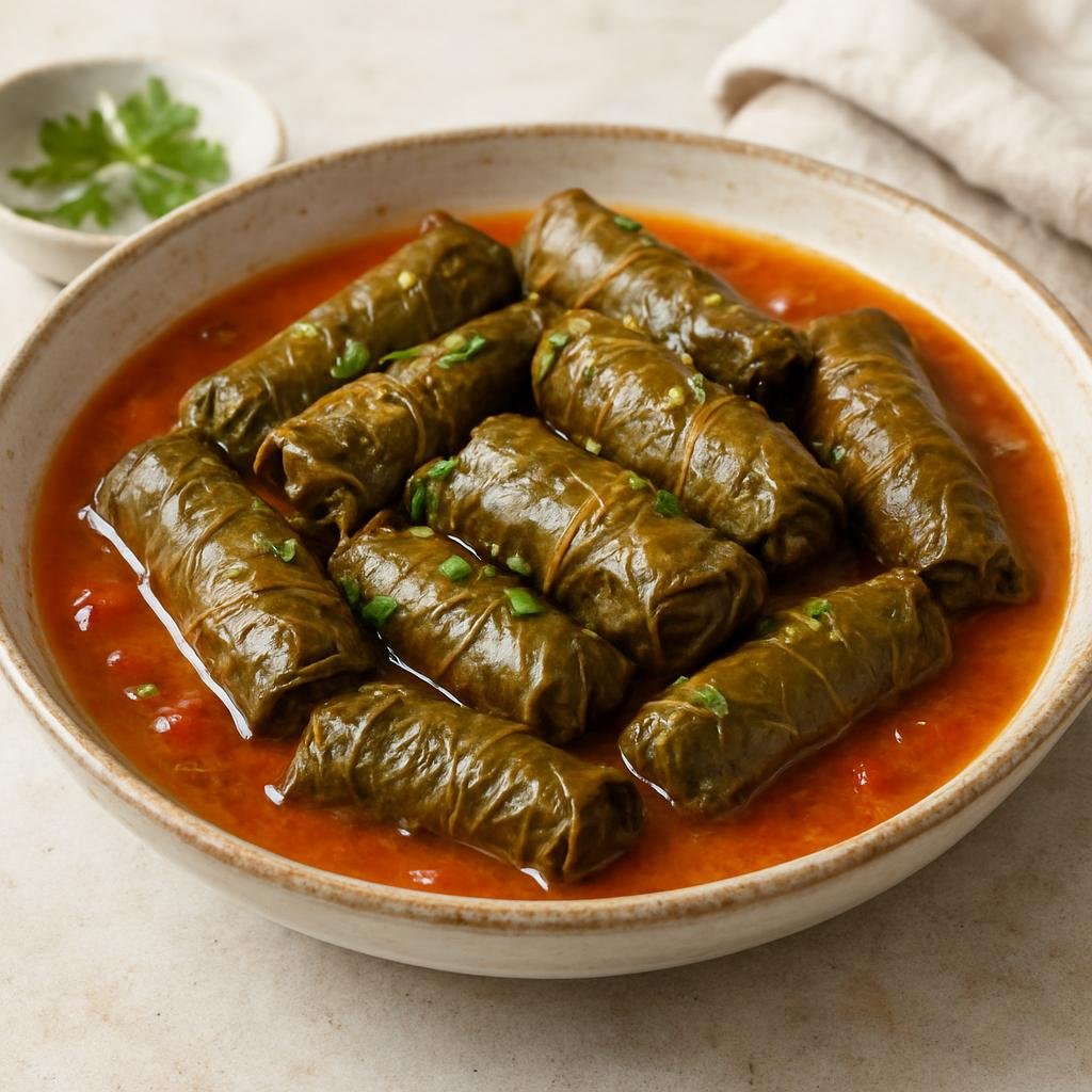 Entree: Montenegro – National Cuisine – Japrak (Grape leaves stuffed with a savory mixture of rice, minced meat, and herbs cooked in a light tomato broth) recipe