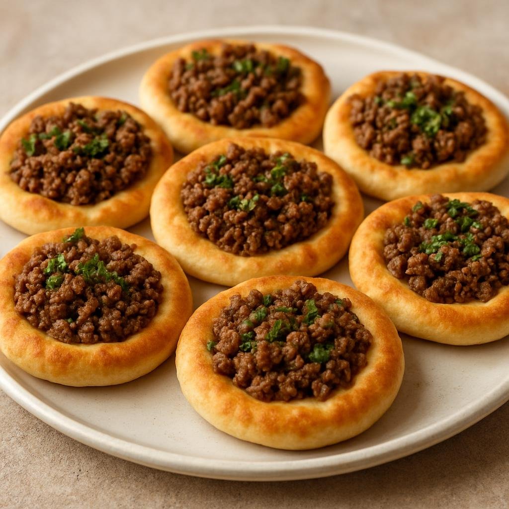 Entree: Palestine – National Cuisine – صفيحة ➤ Sfiha (Small Levantine open-faced flatbreads topped with a spiced ground lamb mixture) recipe
