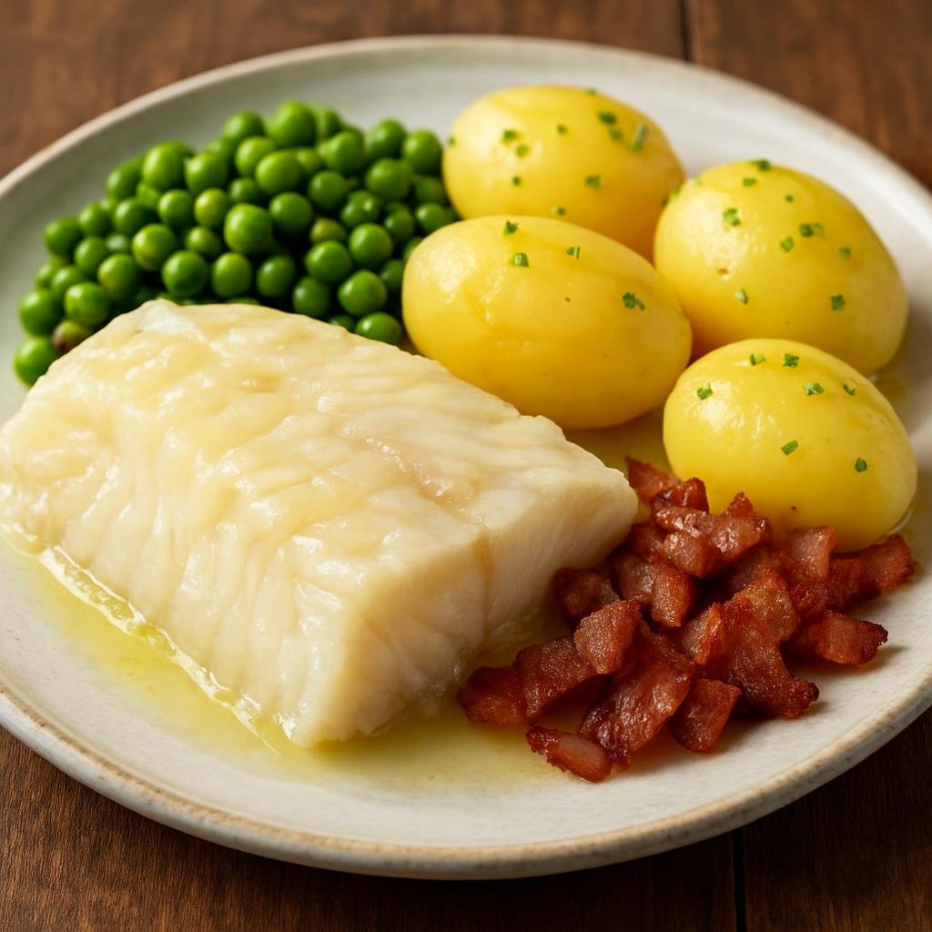 Entree: Svalbard and Jan Mayen – National Cuisine – Lutefisk (Lye-cured and rehydrated whitefish typically cod cooked until tender and served with butter potatoes peas and bacon) recipe