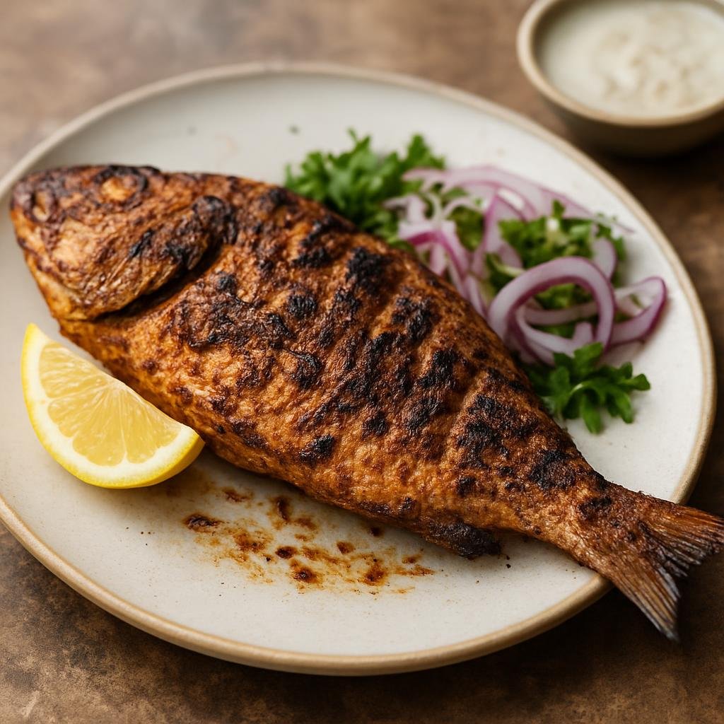 Entree: Bahrain – سمك مشوي ➤ Samak Mashwi (Whole fish marinated in Middle Eastern spices and grilled until tender and charred) recipe