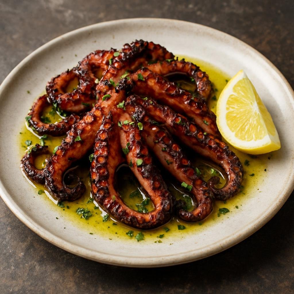 Entree: Heard Island and McDonald Islands – Char-Grilled Octopus (Tender octopus quickly charred over high heat and finished with lemon and herb oil) recipe