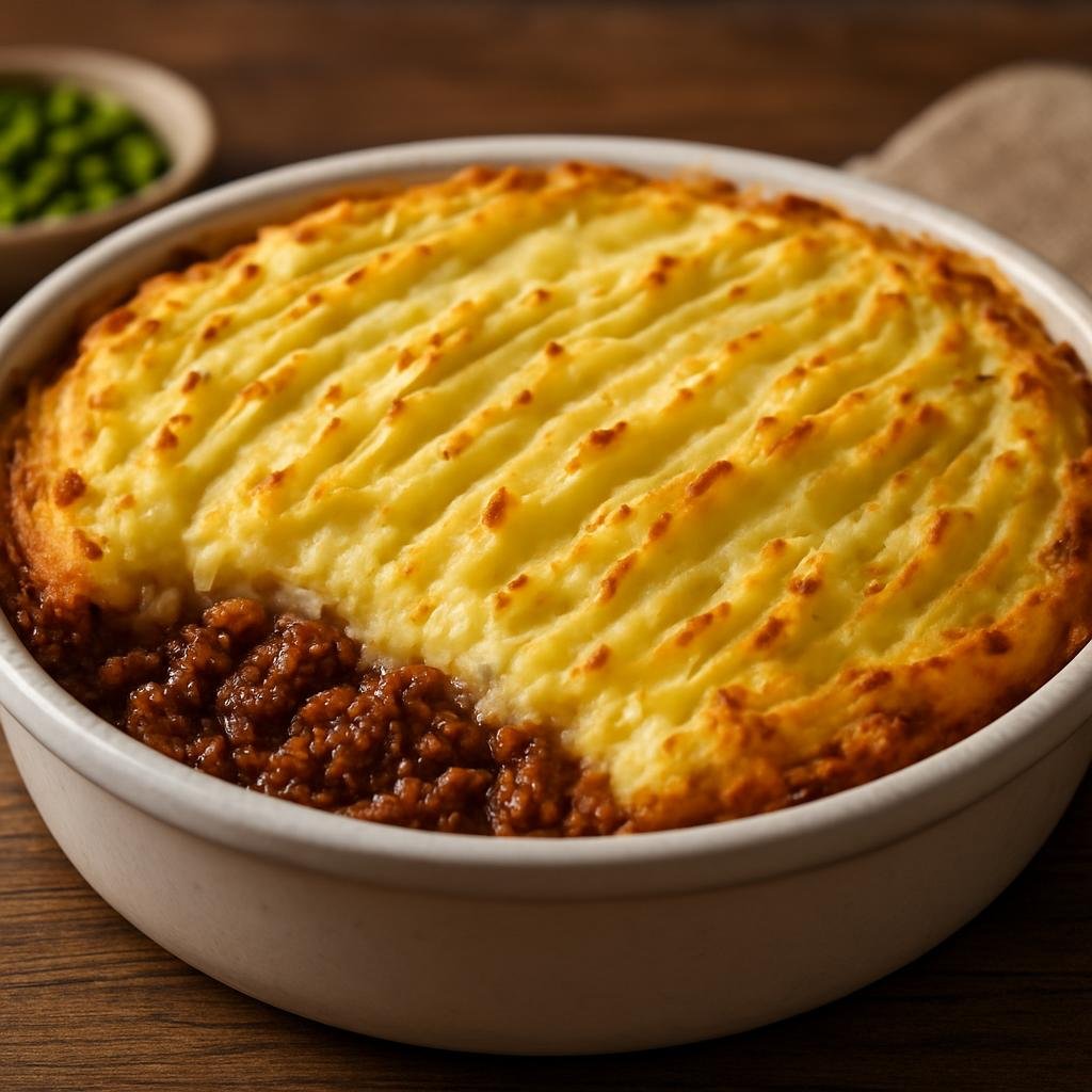Entree: Isle of Man – Cottage Pie (Baked savory casserole of seasoned minced beef topped with creamy mashed potatoes) recipe
