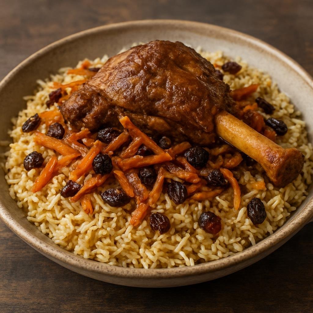 Entree: Oman – قابولي ➤ Qabūlī (A spiced lamb and fragrant basmati rice pilaf finished with caramelized carrots and raisins) recipe