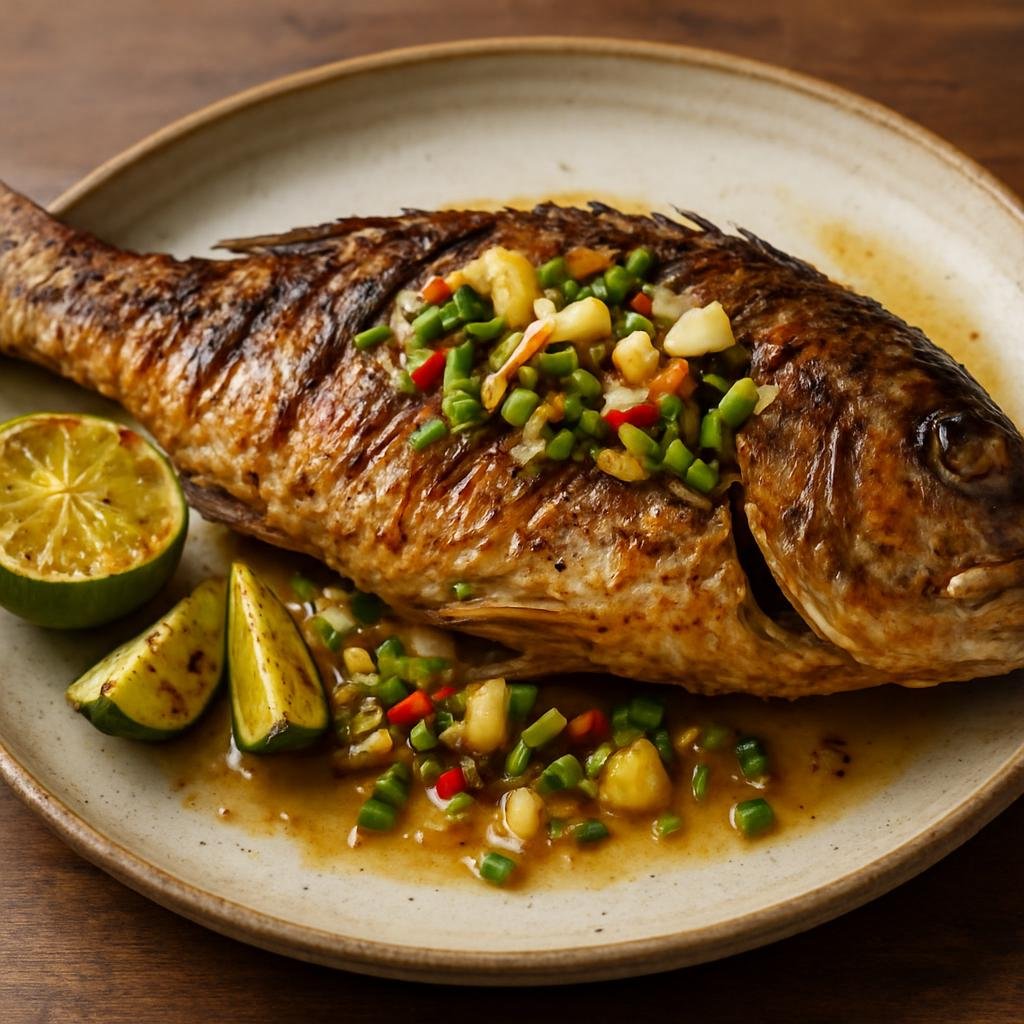Entree: Solomon Islands – Grilled Parrotfish (Char-grilled whole parrotfish seasoned with island citrus, garlic, and coconut flavors) recipe