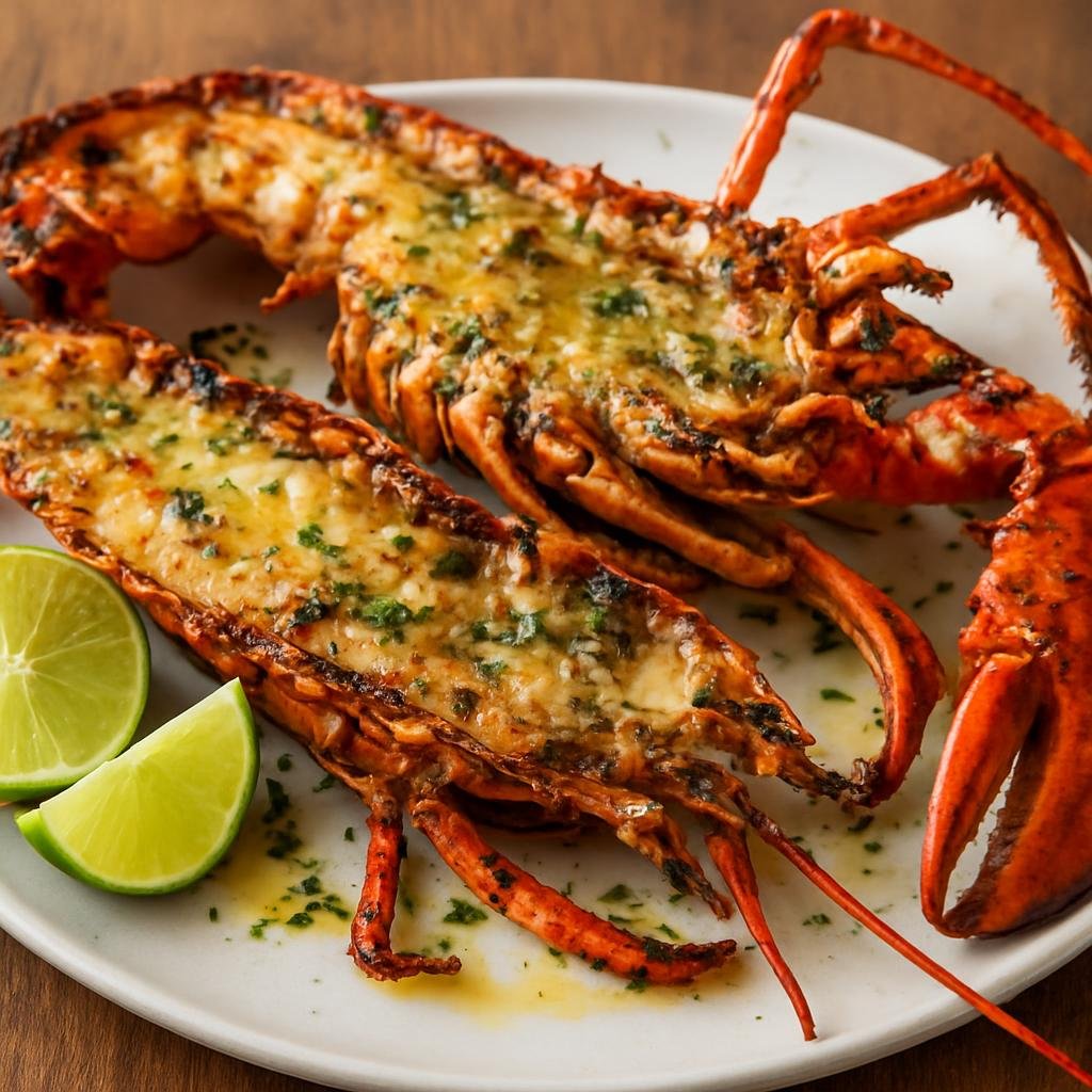 Entree: Virgin Islands, British – Grilled Lobster (Split and charred Caribbean lobster brushed with garlic-lime butter) recipe