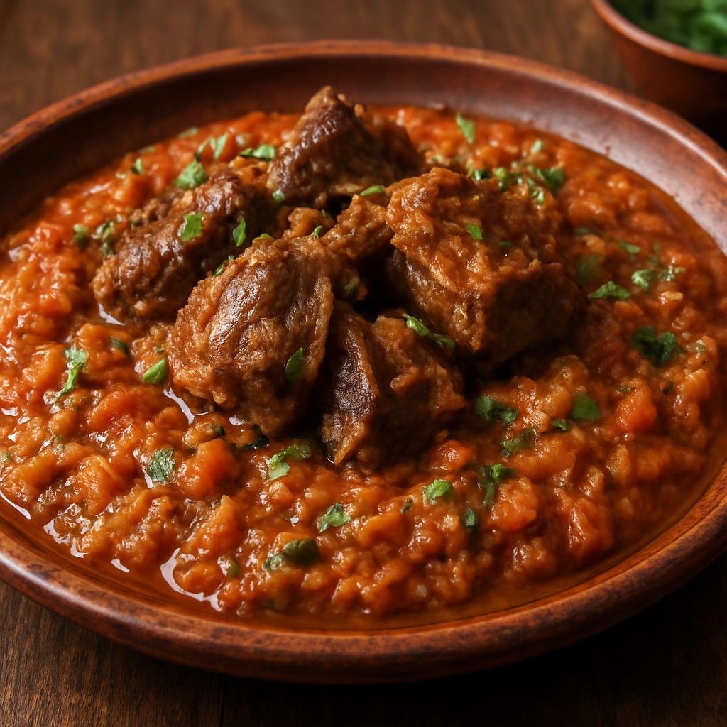 Entree: Morocco – Atlas Mountains – زعلوك باللحم ➤ Zaalouk bil-lahm (Warm cooked eggplant and tomato salad combined with tender spiced braised lamb) recipe