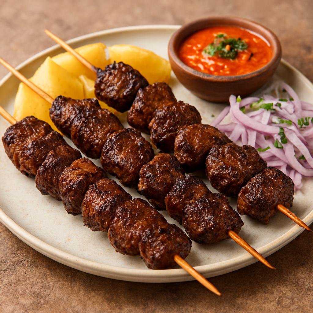 Entree: Peru – Afro-Peruvian – Anticuchos (Skewered, marinated and grilled beef heart served with traditional Peruvian seasonings) recipe