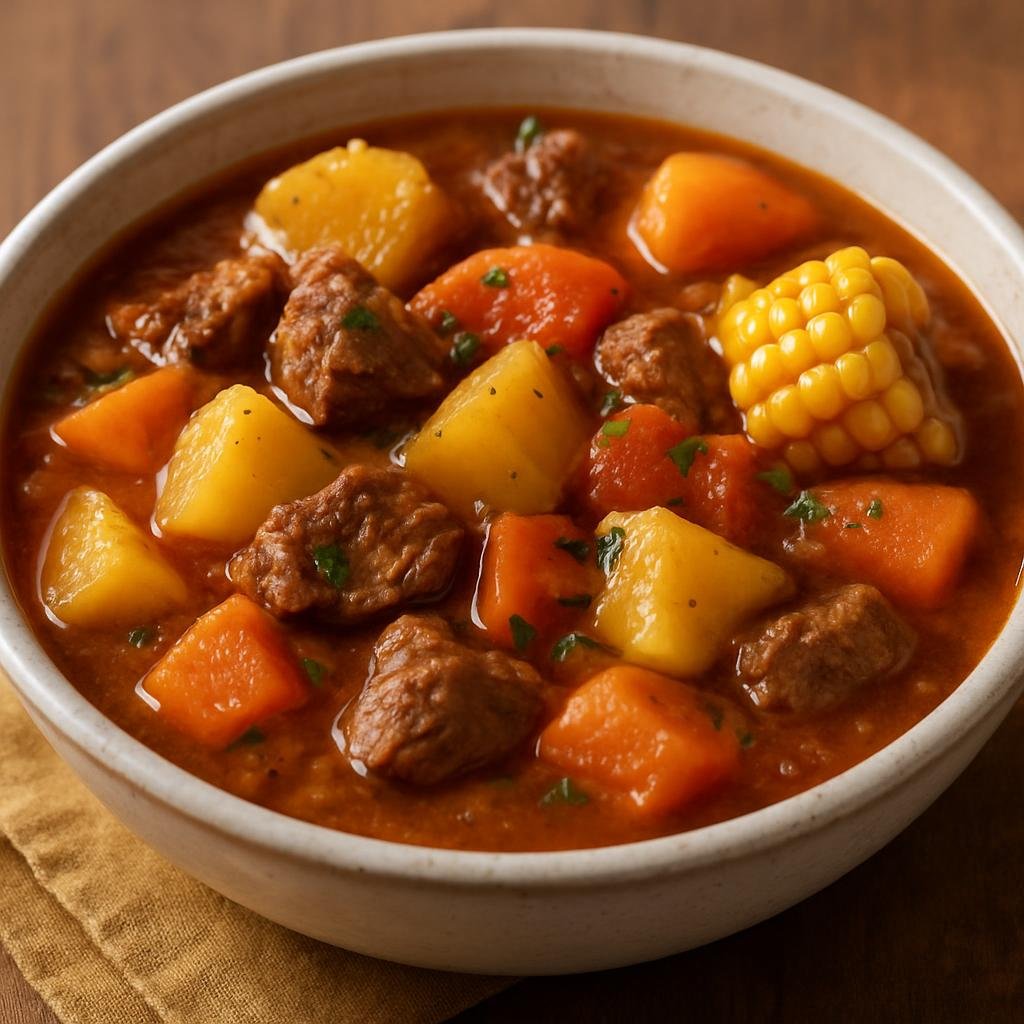 Entree: Chile – Central Chile – Carbonada (Hearty Chilean beef and vegetable stew with potatoes, squash, corn, and tomatoes) recipe
