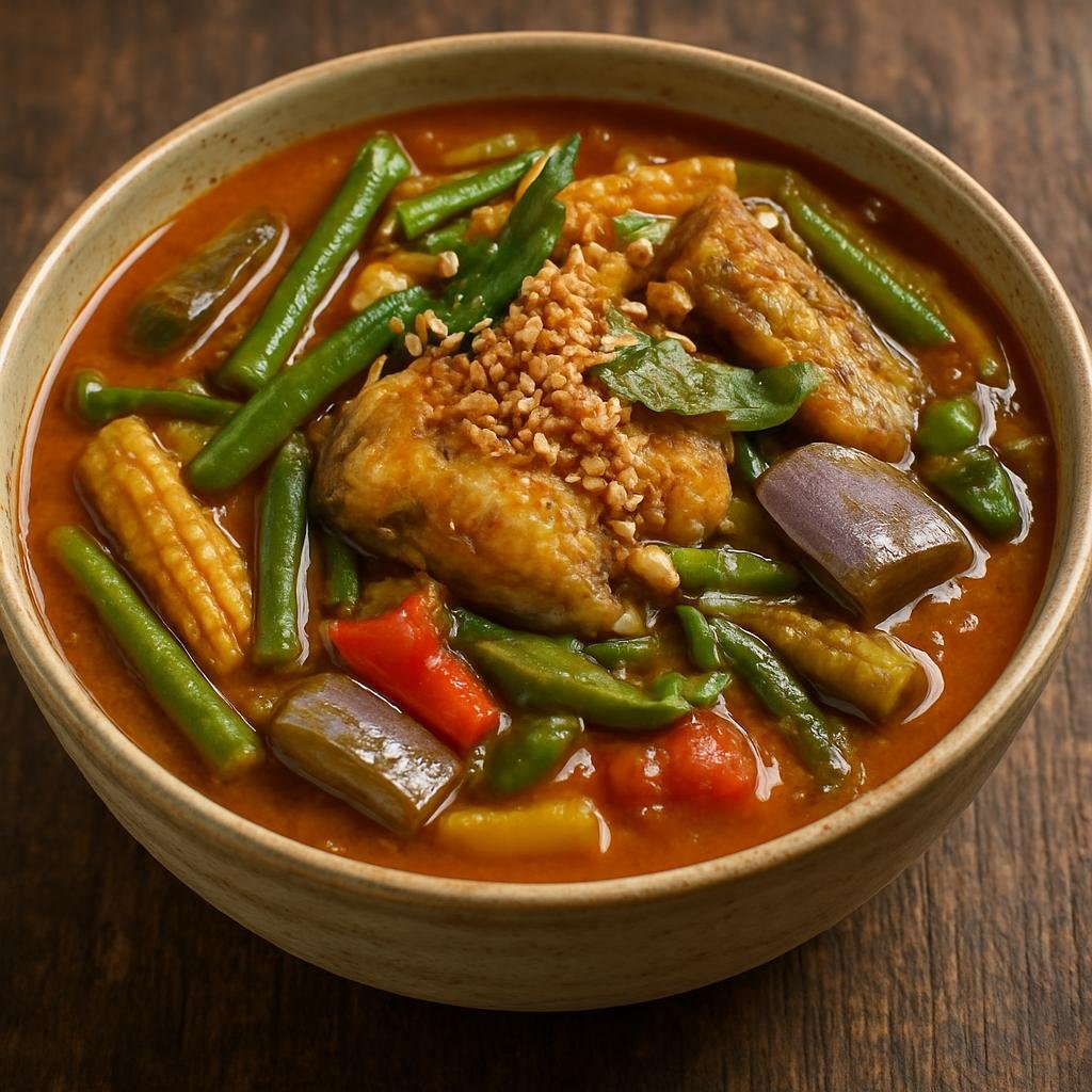 Entree: Cambodia – Central Culinary Region – សម្លកកកូ ➤ Samlor Korko (Cambodian mixed vegetable and fish stew flavored with aromatic spice paste and roasted rice) recipe