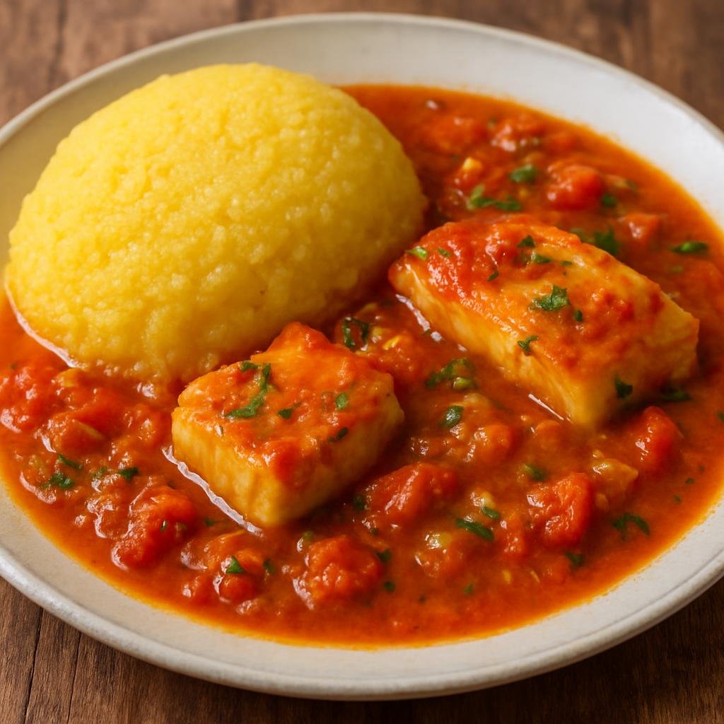 Entree: Bonaire, Sint Eustatius and Saba – Central Culinary Region – Funchi and Stew (firm cornmeal with tomato fish stew) recipe