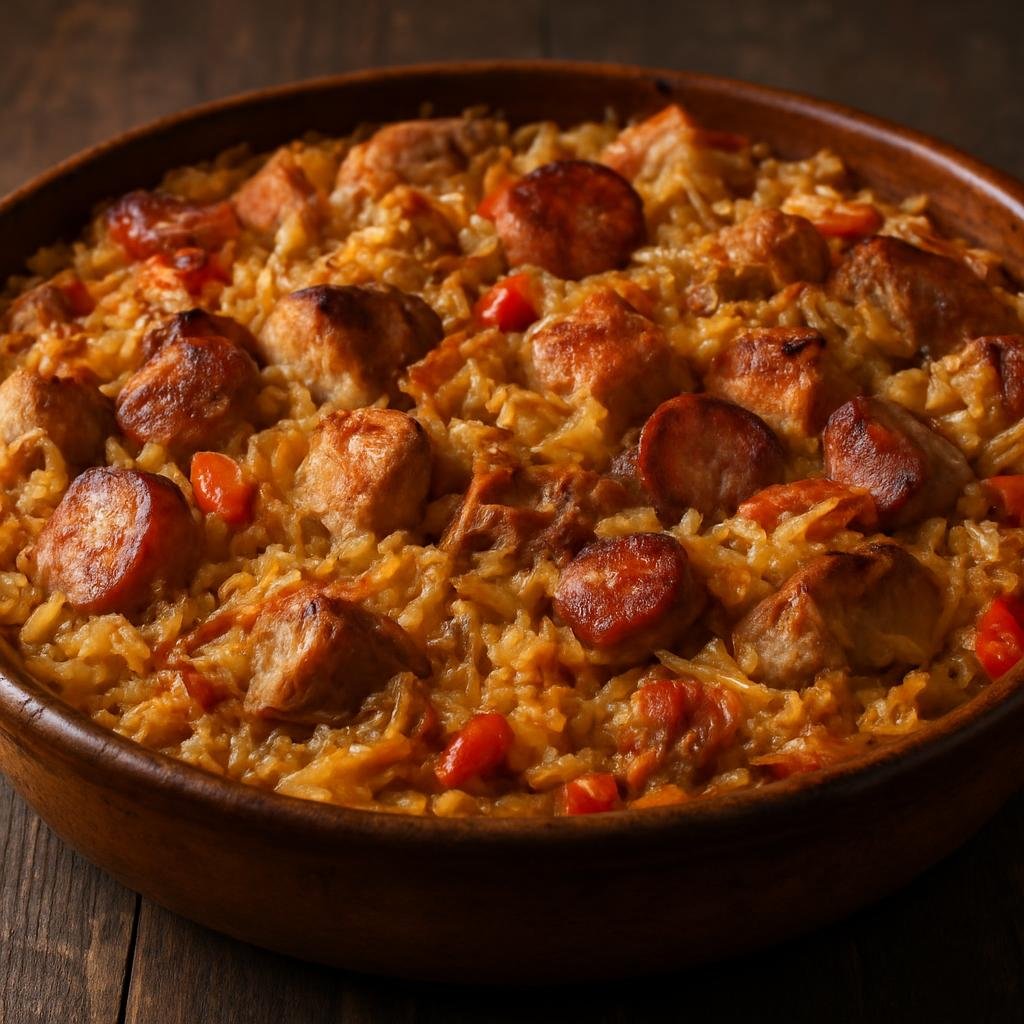 Entree: Bulgaria – Central Culinary Region – Капама ➤ Kapama (Slow-baked Bulgarian mixed-meat and rice casserole cooked with sauerkraut and vegetables) recipe