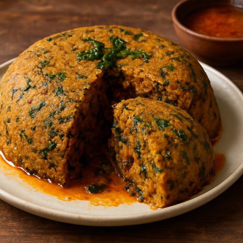 Entree: Cameroon – Central Culinary Region – Egusi Pudding (Steamed or baked cake of ground melon seeds mixed with greens, palm oil, and smoked fish or meat) recipe
