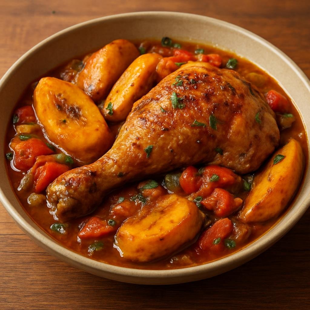 Entree: Central African Republic – Central Culinary Region – Poulet DG (Braised and roasted chicken cooked with ripe plantains, tomatoes, and vegetables in a savory sauce) recipe