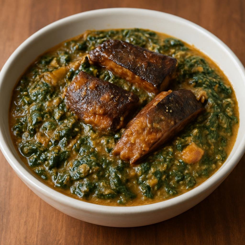 Entree: Democratic Republic of the Congo – Central Culinary Region – Mbika na Nguba (Cassava leaf stew cooked with ground peanuts and smoked fish) recipe