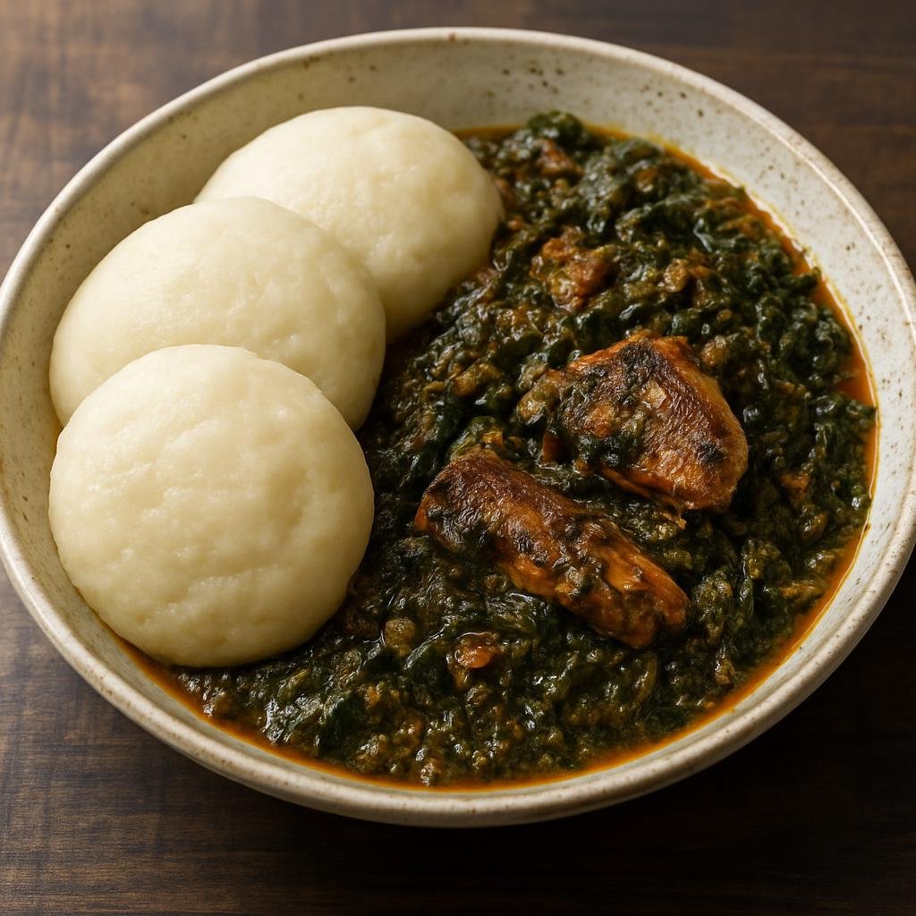 Entree: Equatorial Guinea – Central Culinary Region – Fufu and Eru (Starchy cassava-and-plantain dough served with a richly seasoned leafy green and smoked-fish stew) recipe