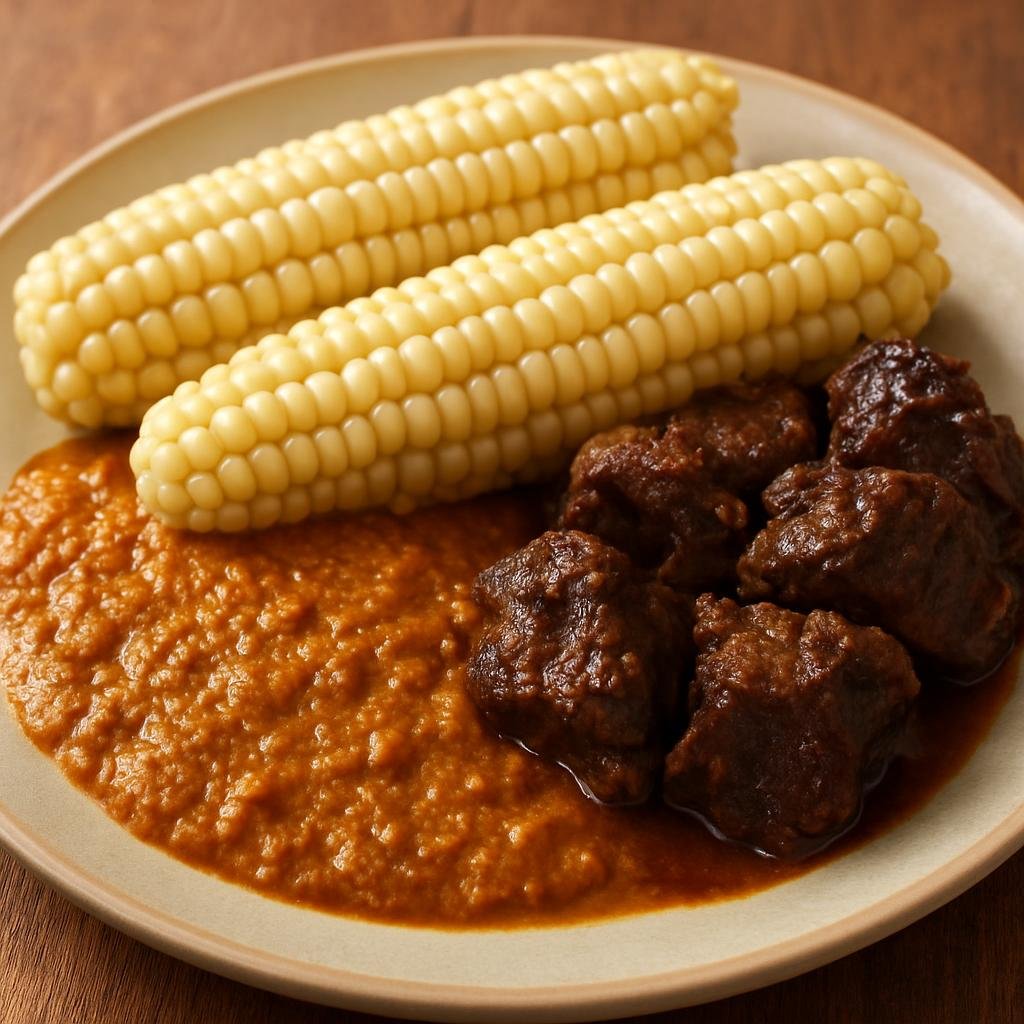 Entree: Eswatini – Central Culinary Region – Tinkhobe (Whole boiled maize cobs traditionally served with a savory peanut-based sauce and braised beef) recipe