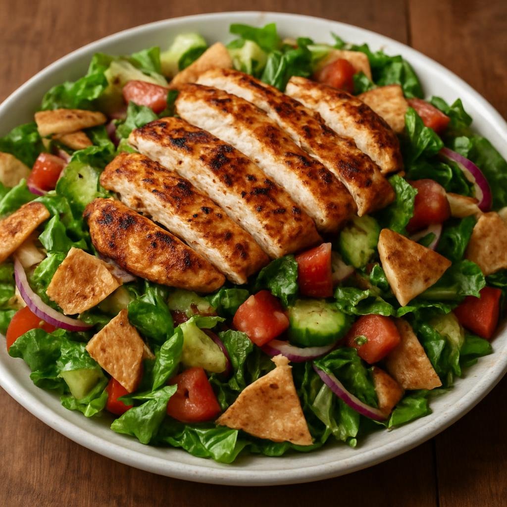 Entree: Lebanon – Beirut & Coastal Lebanon – فتوش مع دجاج مشوي ➤ Fattoush ma'a dajaj mashwi (Lebanese torn-pita and herb-vegetable salad topped with grilled chicken) recipe