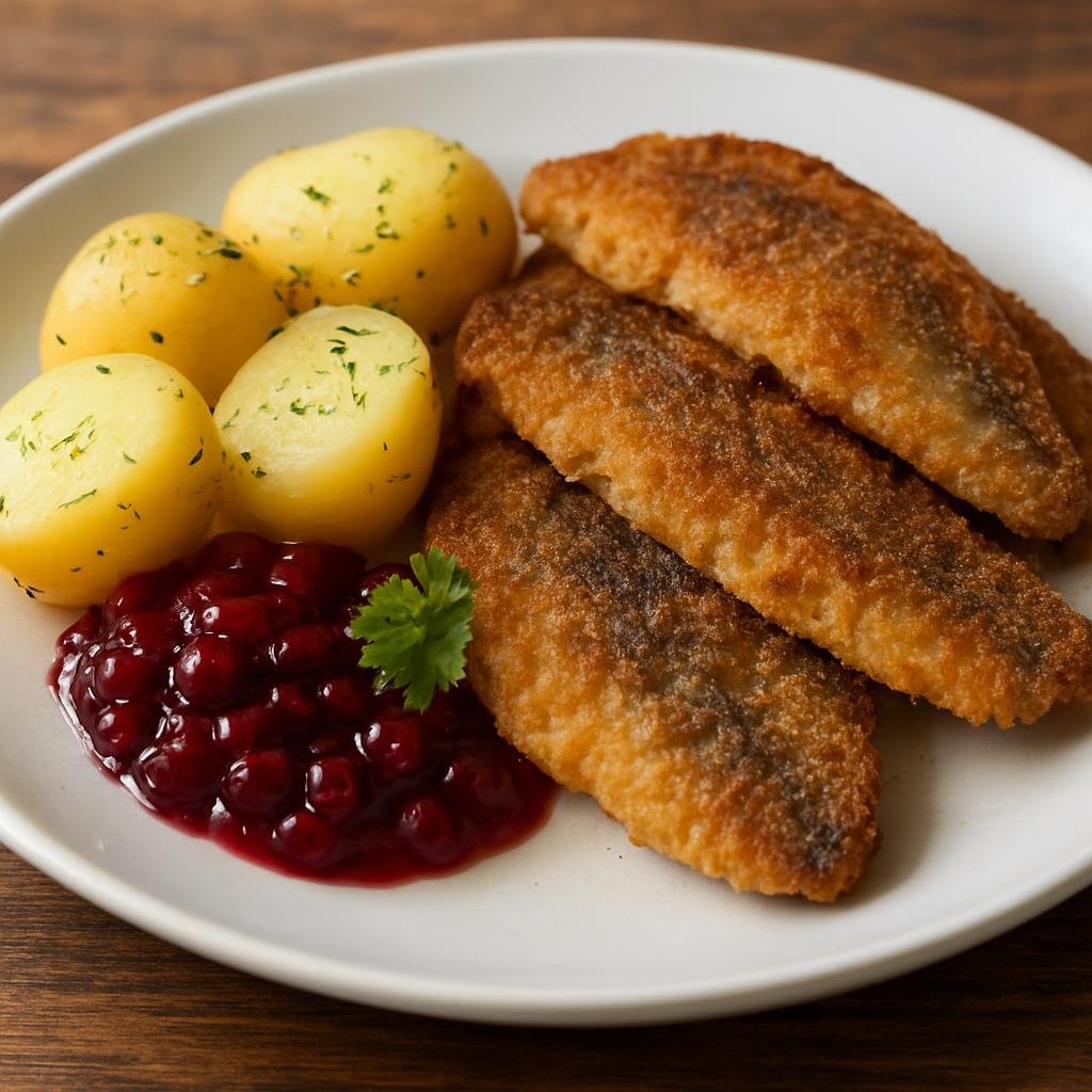 Entree: Sweden – Norrland / North Sweden – Stekt Strömming (Pan-fried Baltic herring fillets, traditionally breaded and served with potatoes and lingonberry) recipe