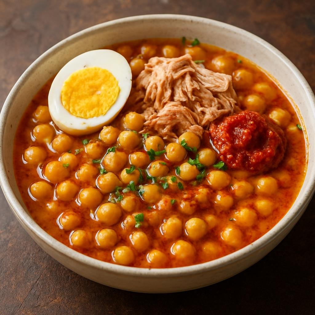 Entree: Tunisia – Djerba – لبلابي ➤ lablabi (Spicy Tunisian chickpea and bread stew finished with tuna, egg, harissa, and olive oil) recipe