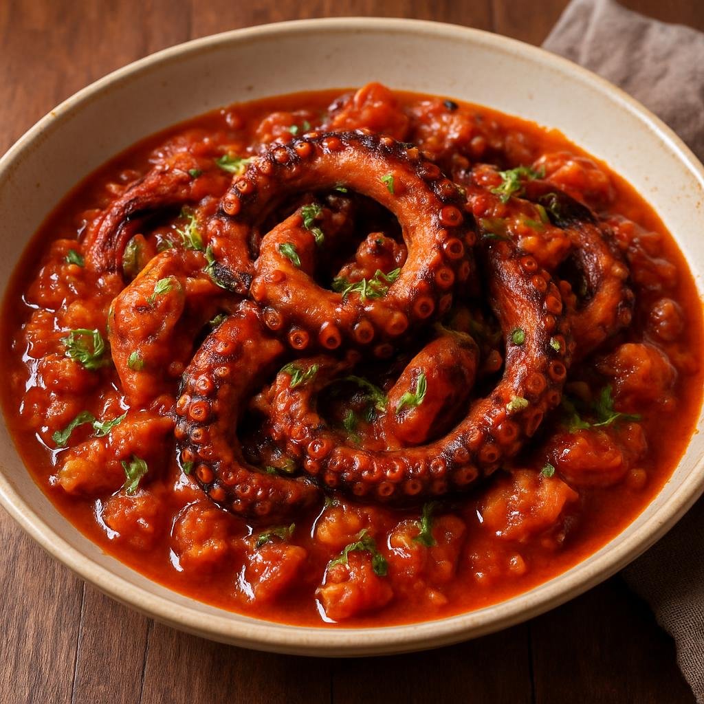 Entree: Martinique – National Cuisine – Chatrou (Martinican Creole-style octopus stewed in a spicy tomato and Creole seasoning) recipe