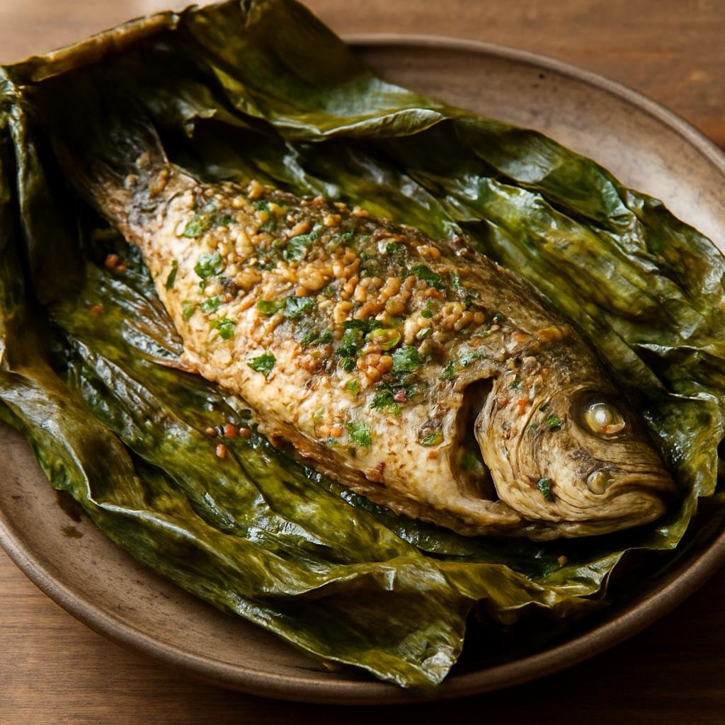 Entree: Micronesia – National Cuisine – Fish Wrapped in Banana Leaves (Whole or filleted fish seasoned with aromatics and steamed or grilled inside banana leaves to lock in moisture and flavor) recipe