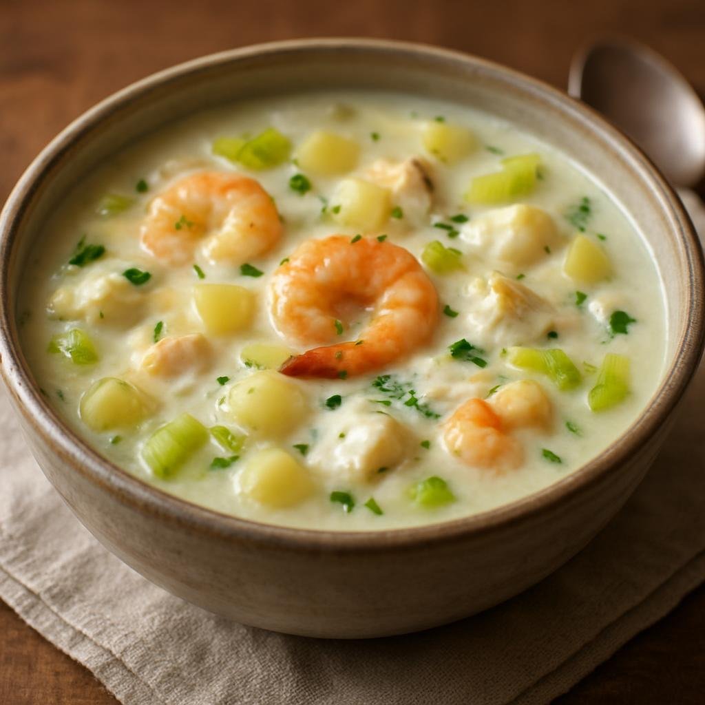Entree: New Zealand – Auckland & North Island – Seafood Chowder (Hearty creamy soup of mixed local seafood with potatoes and leeks) recipe