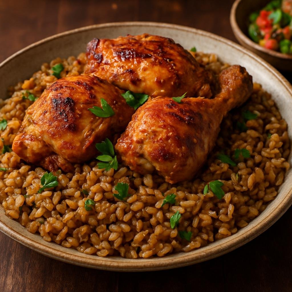 Entree: Palestine – National Cuisine – فريكة مع الدجاج ➤ Freekeh ma'a al-dajaj (Smoked young green wheat cooked with spiced chicken and aromatics) recipe