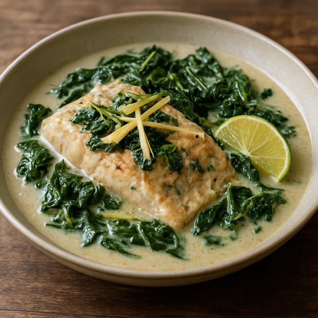 Entree: Papua New Guinea – National Cuisine – Fish Simboro (Coconut-simmered coastal fish with ginger, lime, and leafy greens) recipe