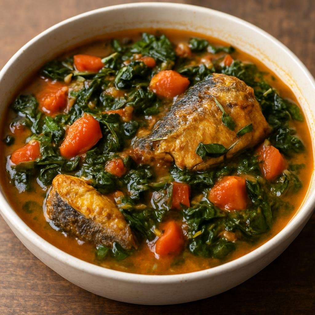 Entree: Republic of the Congo – National Cuisine – Mbisi Ya Mayi (A Congolese light fish stew cooked in a seasoned broth with leafy greens and tomatoes) recipe