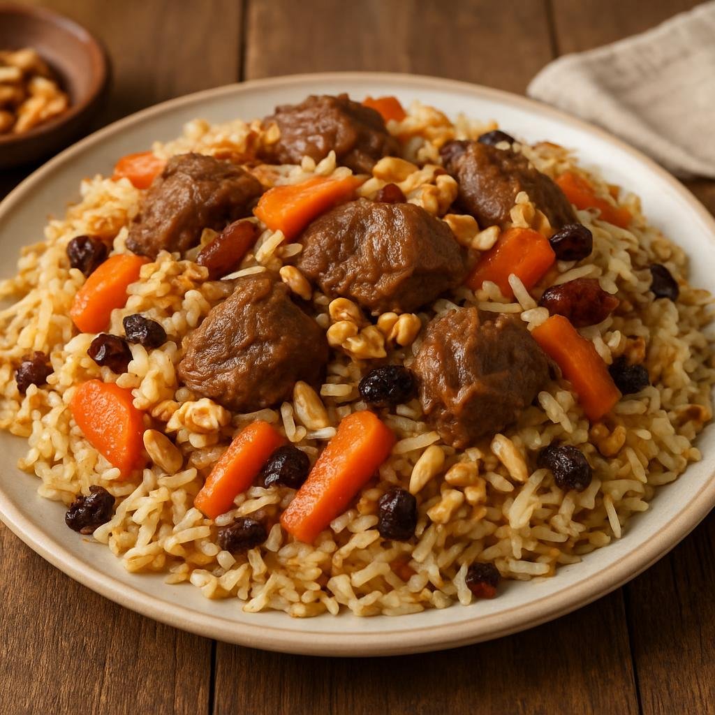 Entree: Tajikistan – National Cuisine – Кабули Пуло ➤ Kabuli Pulo (Fragrant long-grain rice pilaf with braised lamb, sweet carrots, raisins, and toasted nuts) recipe