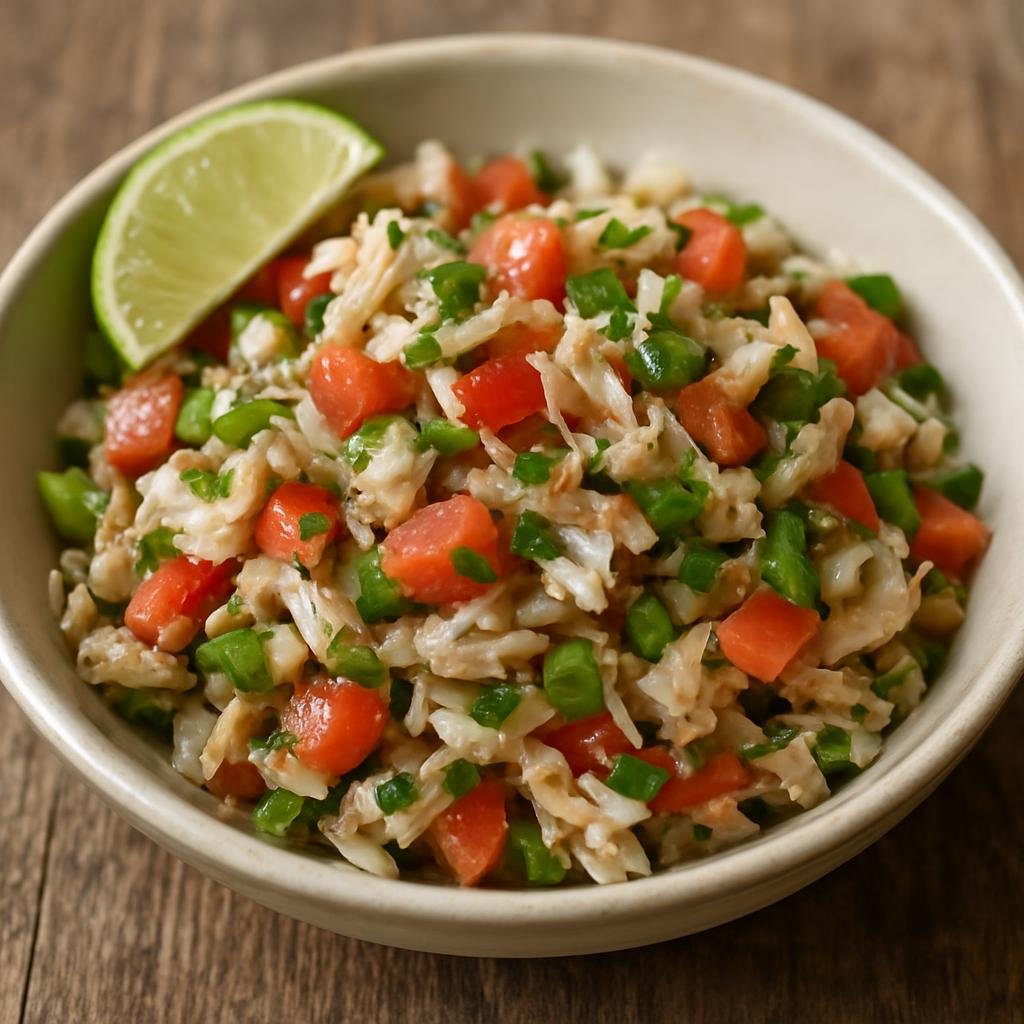 Entree: Trinidad and Tobago – National Cuisine – Saltfish Buljol (Shredded salted cod tossed with fresh tomatoes, peppers, onions, herbs, and lime to make a chilled Caribbean fish salad) recipe