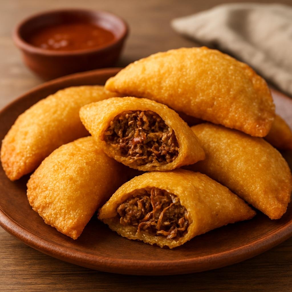 Entree: Venezuela – National Cuisine – Empanadas Venezolanas (Cornmeal turnover filled with seasoned shredded beef, deep-fried until golden and crisp) recipe