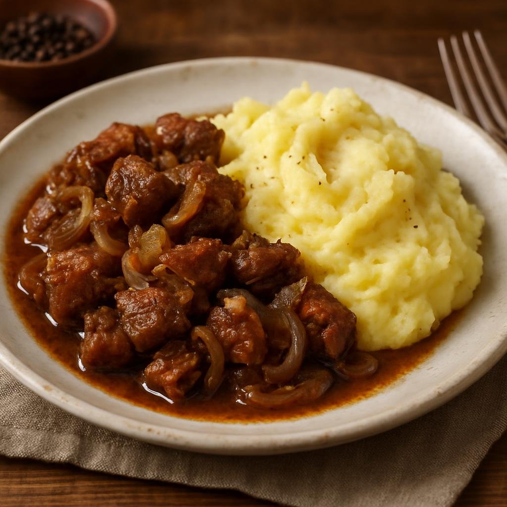 Entree: Belarus – Верещака ➤ Vereshchaka (Thick Belarusian pork stew braised with caramelized onions and black pepper, traditionally served with boiled or mashed potatoes) recipe