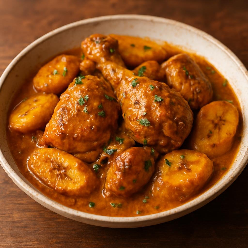 Entree: Comoros – Central Culinary Region – Mkatra Foutra (Coconut-braised spiced chicken with plantains) recipe