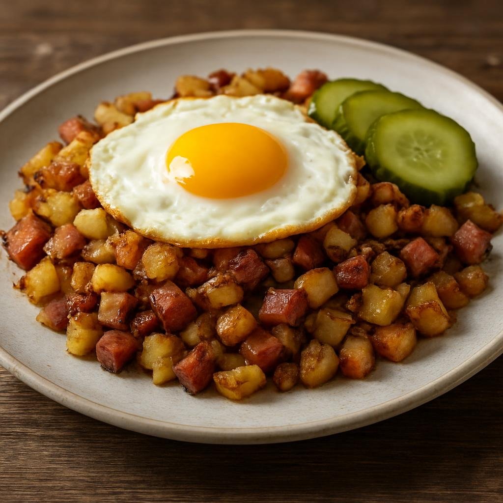 Entree: Åland Islands – Pyttipanna (Scandinavian pan-fried hash of diced potatoes, onions, and meats often served with fried egg and pickles) recipe