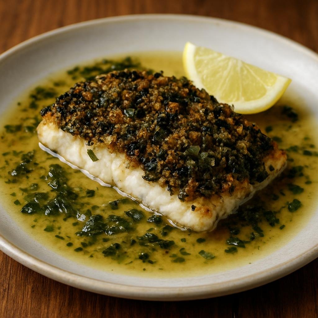 Entree: Bouvet Island – Central Culinary Region – Kelp-Crusted Cod (Pan-seared cod fillets coated with toasted kelp and breadcrumbs, finished with a lemon-butter and seaweed broth) recipe
