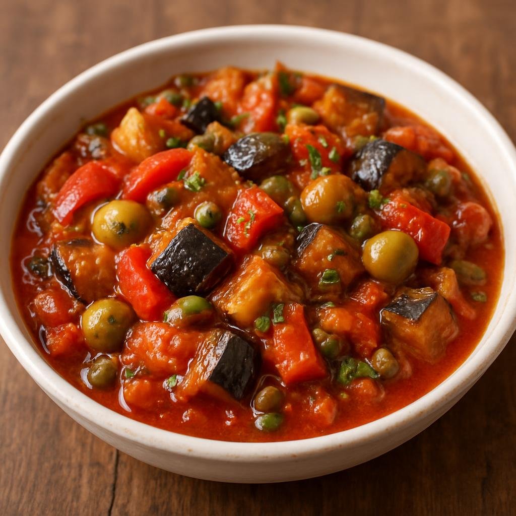 Entree: Malta – Kapunata (Maltese stewed vegetable medley of eggplant, peppers, tomatoes, olives and capers) recipe