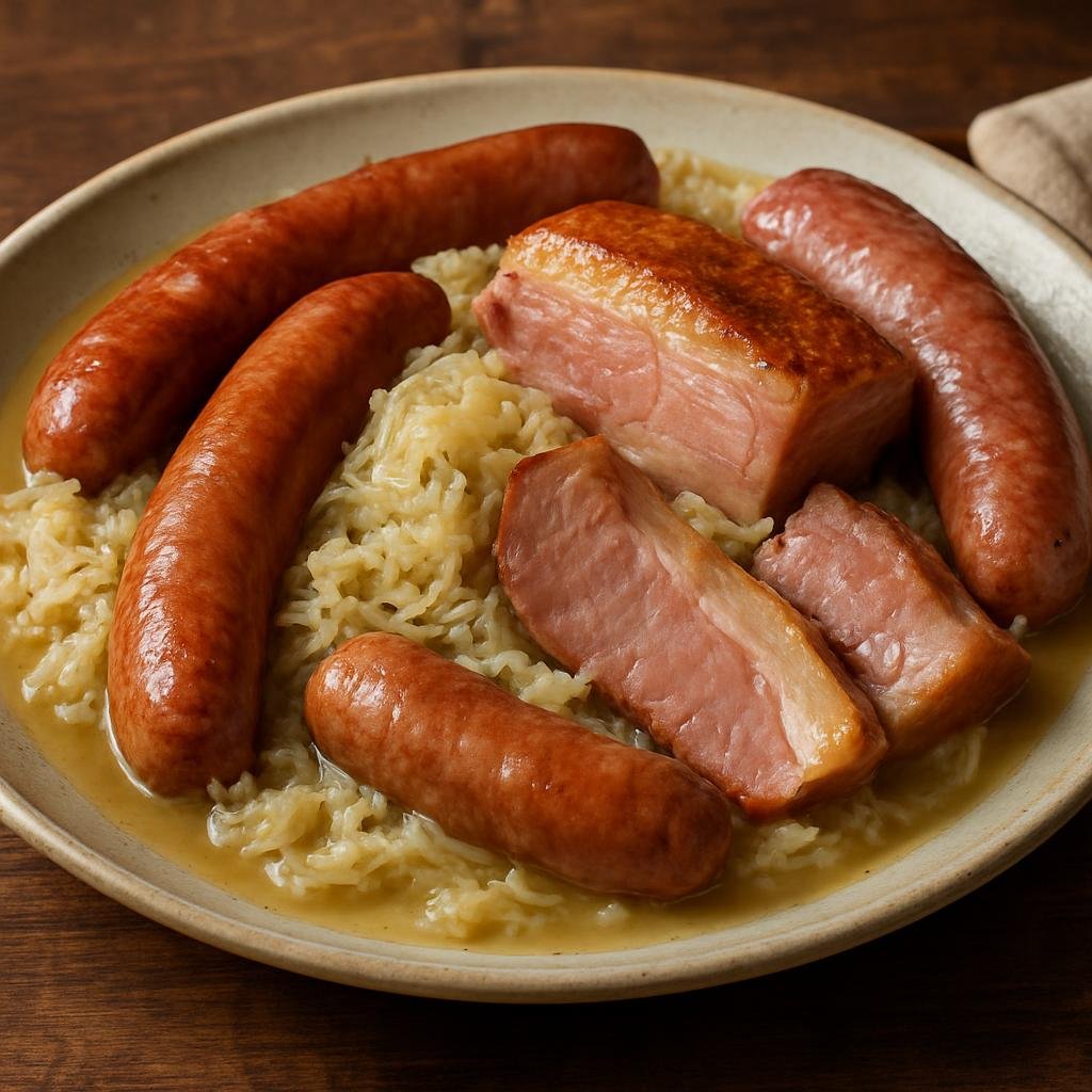 Entree: Saint Pierre and Miquelon – Choucroute Garnie (Braised sauerkraut cooked with white wine and an assortment of sausages and salted smoked pork) recipe