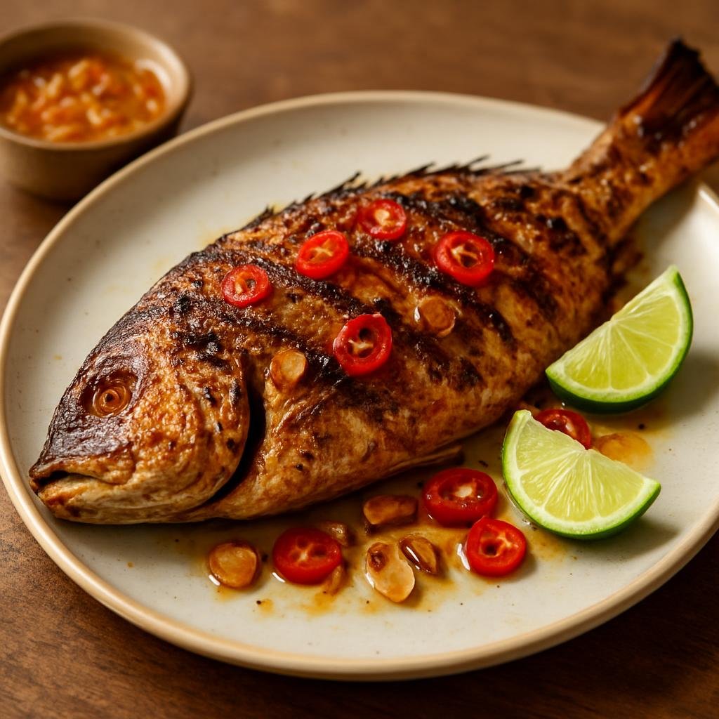 Entree: Sao Tome and Principe – Peixe Grelhado (Chargrilled whole fish seasoned simply with garlic, citrus, and hot pepper) recipe