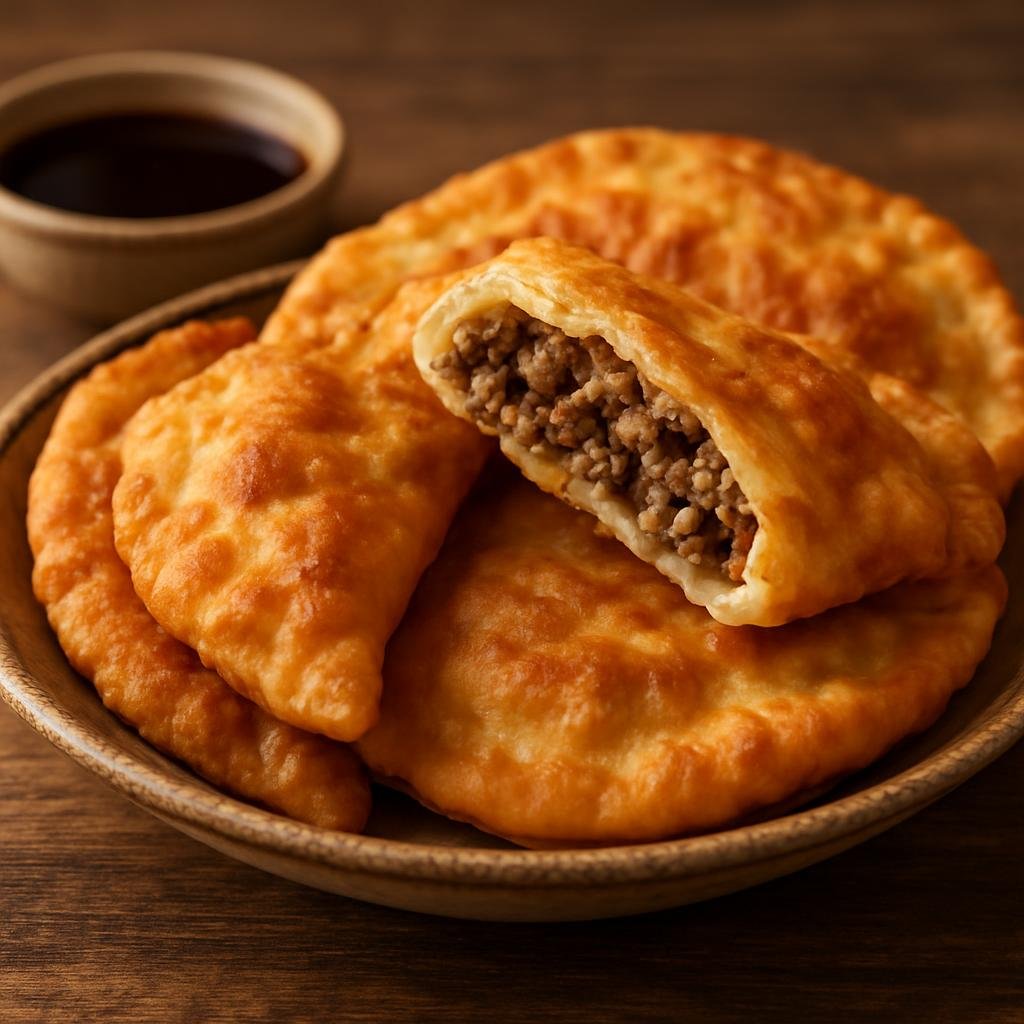Entree: Russia – Buryat & Lake Baikal – Хуушуур ➤ Khuushuur (Pan-fried Buryat meat pastry — a flat, savory turnover filled with seasoned ground mutton or beef) recipe
