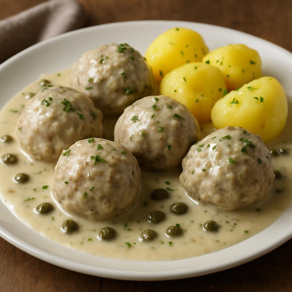 Entree: Germany – Berlin-Brandenburg – Königsberger Klopse (Poached German meatballs served in a creamy caper sauce typical of the Berlin-Brandenburg region) recipe
