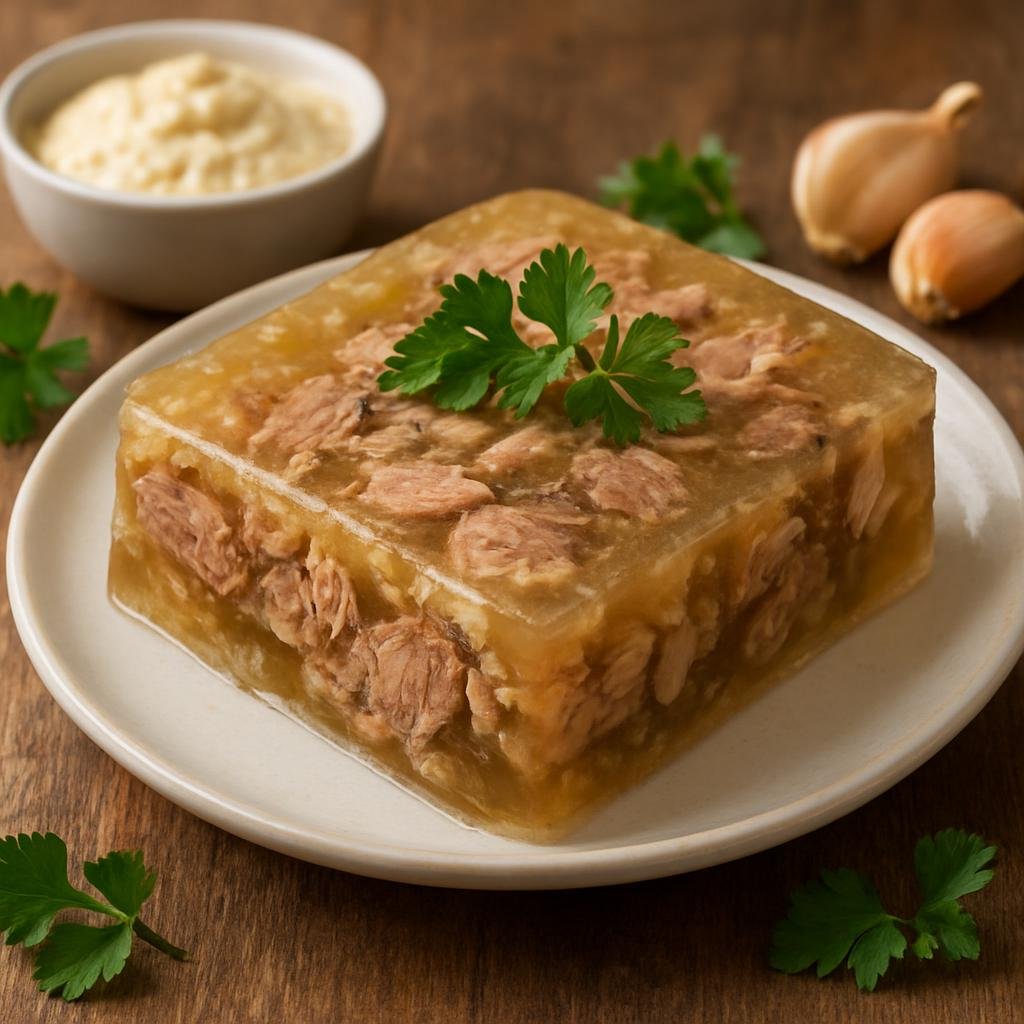 Entree: Russia – Arctic North – Холодец ➤ Kholodets (Traditional Russian chilled meat aspic made from long-simmered pork and beef stock that sets into a savory jelly) recipe