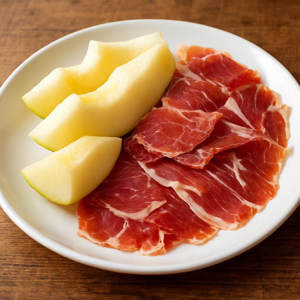 Entree: Spain – Andalusia – Jamón Ibérico con Melón (Cured Iberian ham served with ripe sweet melon, a simple Andalusian pairing) recipe
