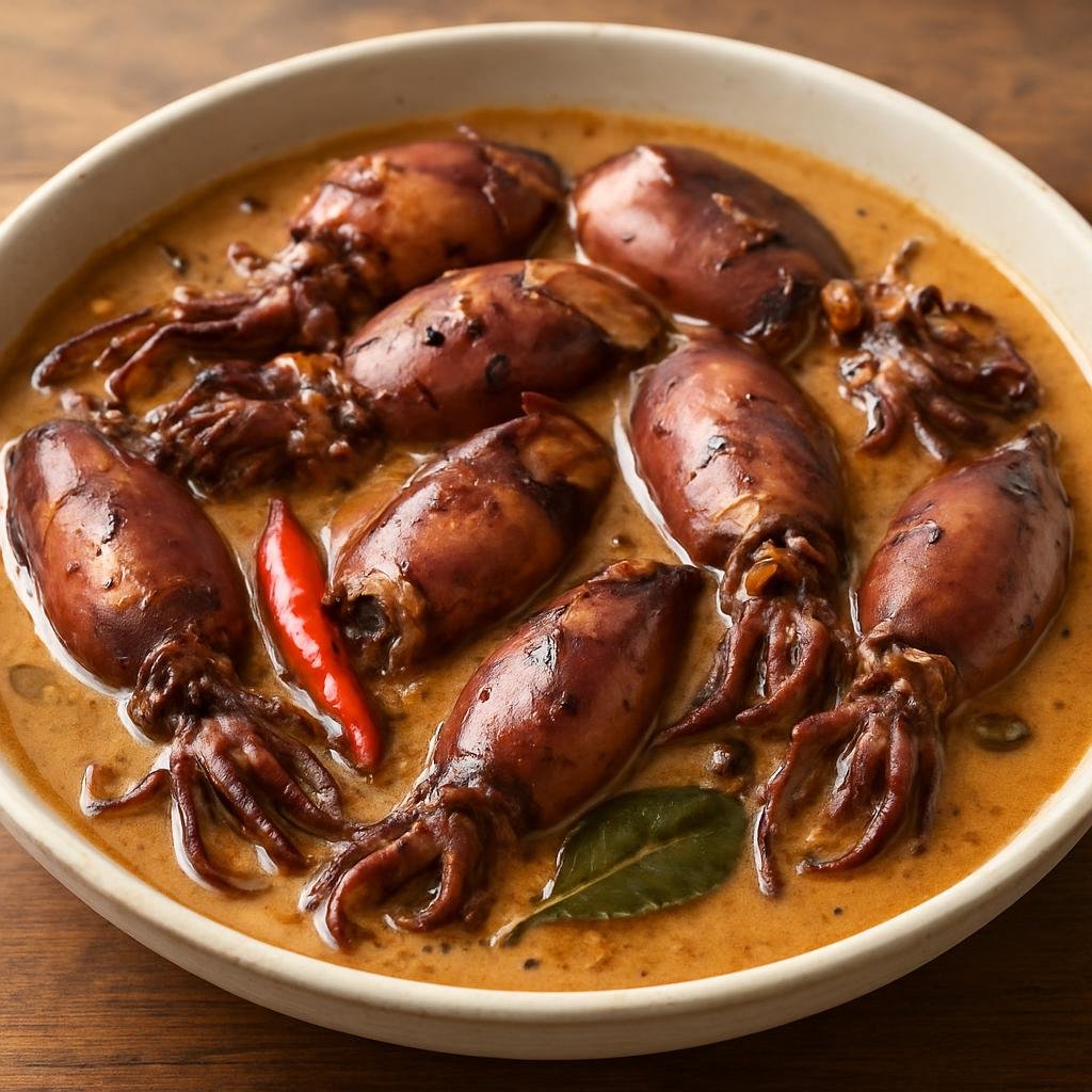 Entree: Philippines – Bicol – Adobong Pusit sa Gata (Squid cooked adobo-style in vinegar and soy, finished in rich coconut milk with chili) recipe