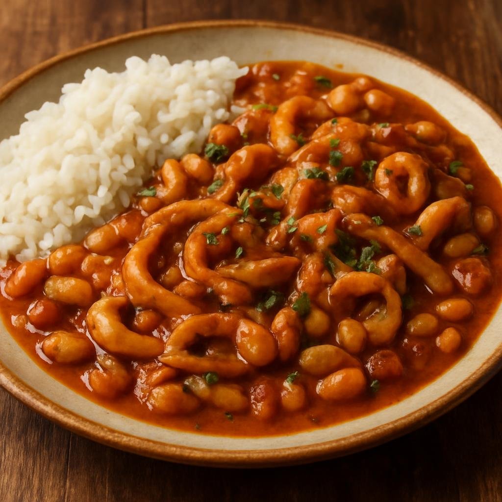 Entree: Portugal – Alentejo – Feijoada de Chocos (A hearty Alentejo stew of cuttlefish simmered with beans, tomatoes, and herbs, served with rice) recipe