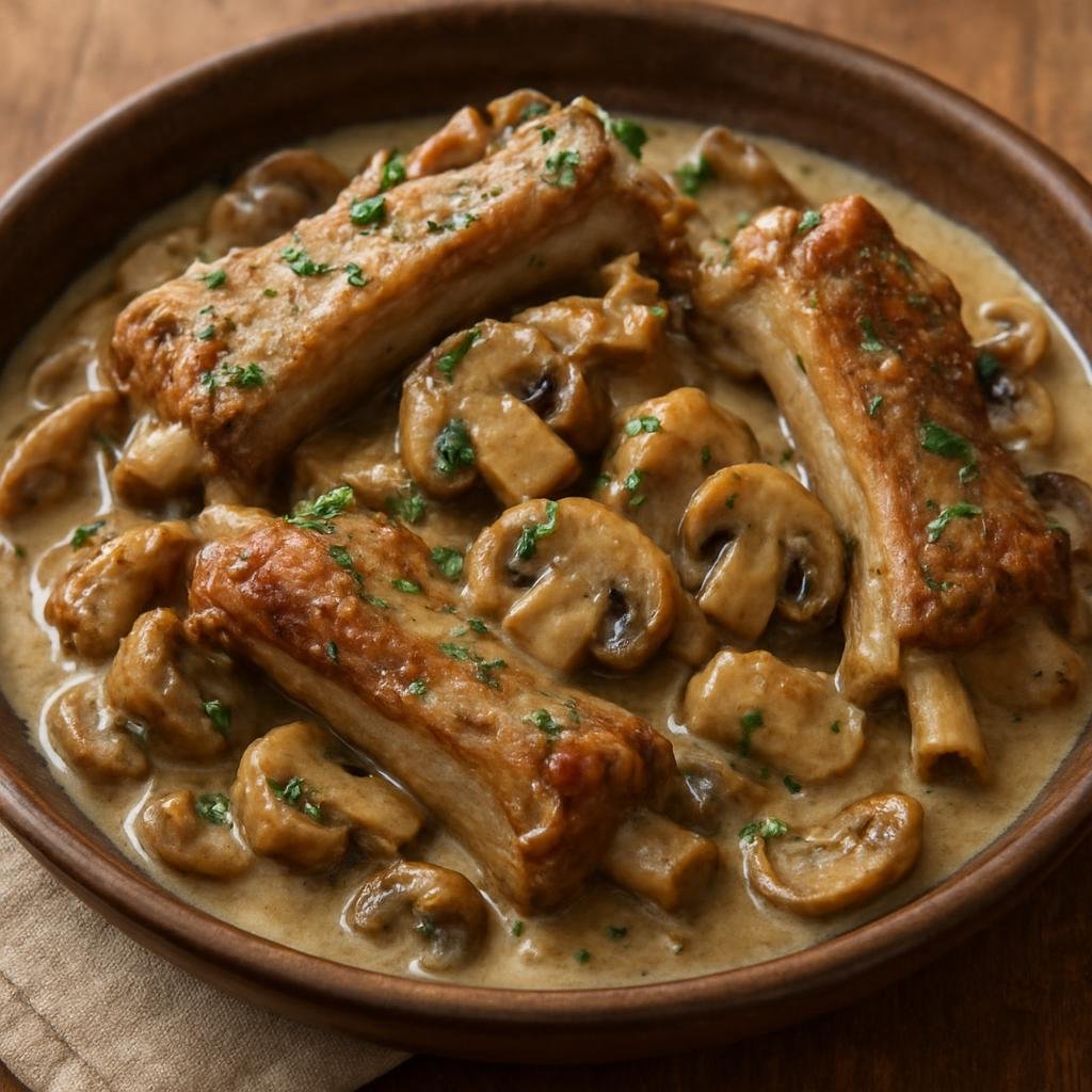 Entree: Ukraine – Carpathian Ukraine – Свинячі ребра з грибами ➤ Sviniachi rebra z hrybamy (Braised bone-in pork ribs cooked with mushrooms in a creamy Carpathian-style sauce) recipe