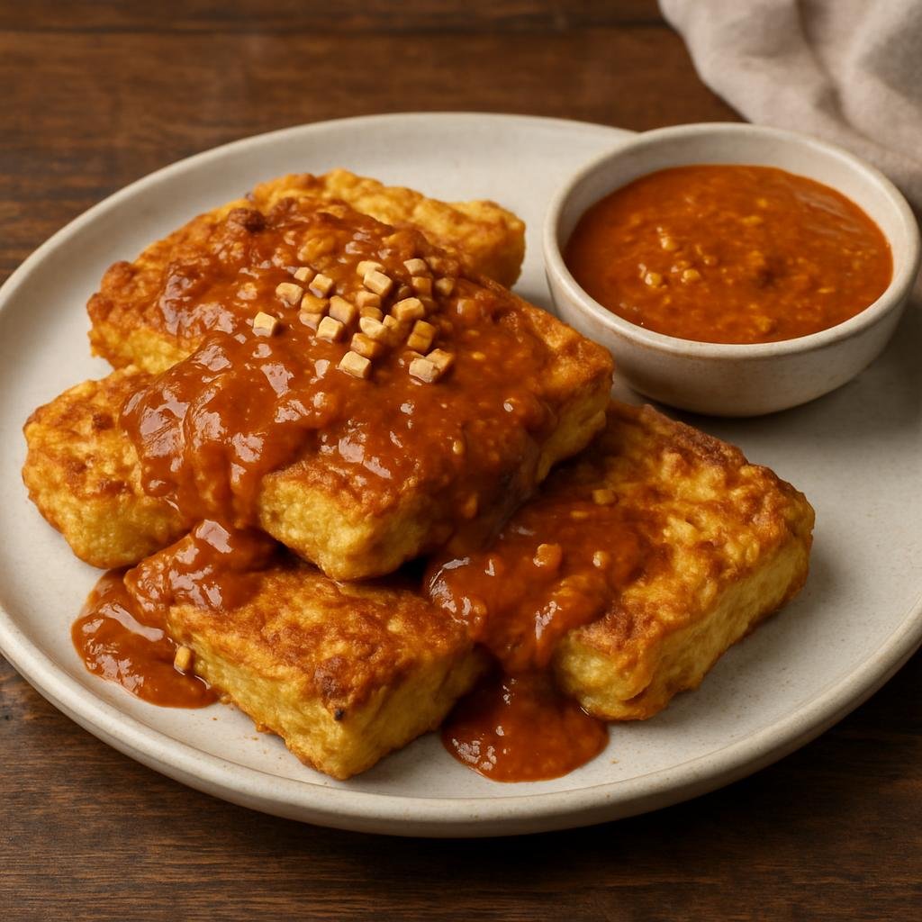 Entree: Netherlands – Dutch Indonesian Rijsttafel – Tahu Telur (Indonesian-style fried tofu and egg patties served with spicy peanut sauce) recipe