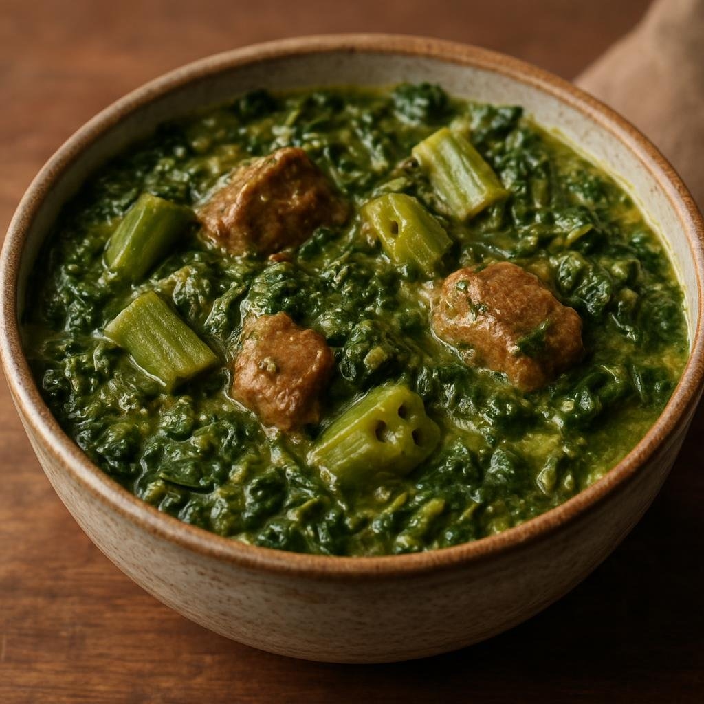 Entree: Antigua and Barbuda – Central Culinary Region – Callaloo (Thick Caribbean stew of leafy greens cooked with okra, coconut milk, and seasoned meat or seafood) recipe