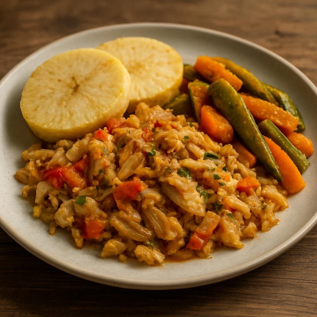 Entree: Barbados – Central Culinary Region – Breadfruit and Saltfish (Stewed and sautéed salted cod served with boiled or roasted breadfruit and Caribbean-seasoned vegetables) recipe